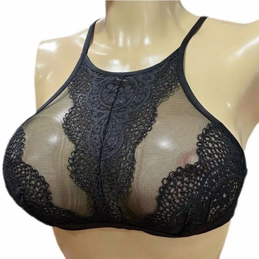 Victorias Secret Body crochet lace and sexy sheer high neck bralette bra black M